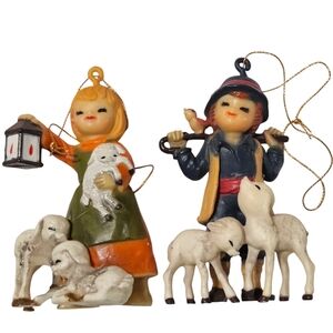 Vintage Christmas Little Shephard Boy & Girl Plastic 1960's Plastic ornaments.